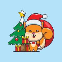 Cute squirrel carrying christmas gift. Cute christmas cartoon illustration. vector