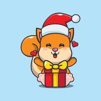 Cute squirrel happy with christmas gift. Cute christmas cartoon illustration. vector