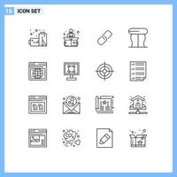 User Interface Pack of 16 Basic Outlines of graphics webpage pin web table Editable Vector Design Elements