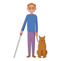 Blind man with guide dog icon, cartoon style vector