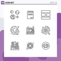 Mobile Interface Outline Set of 9 Pictograms of coding world collage pin globe Editable Vector Design Elements