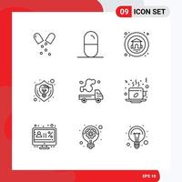 Stock Vector Icon Pack of 9 Line Signs and Symbols for truck thinking home shield design Editable Vector Design Elements