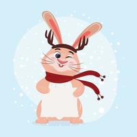 Cute bunny holding a blank paper in the snow. Winter illustration with a adorable bunny. For cards, advertisements, posters, invitations, wishes. Cute winter character design in flat cartoon style. vector