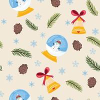 patrón invernal sin costuras con globo de nieve, hombre de nieve, ramas de pino, piñas, buena campana y copos de nieve. vector