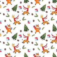 Winter seamless pattern with giraffe, fox, pine branches, pine cones and Christmas tree. vector