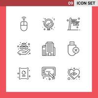 Pack of 9 Modern Outlines Signs and Symbols for Web Print Media such as building product checkered hand box Editable Vector Design Elements