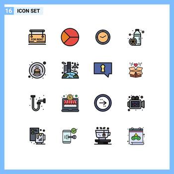 paquete de interfaz de usuario de 16 líneas básicas llenas de color plano de reloj de dieta de pastel saludable naranja elementos de diseño de vector creativo editable