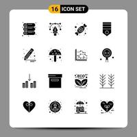 Group of 16 Solid Glyphs Signs and Symbols for brush rank candy military army Editable Vector Design Elements