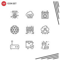 Pictogram Set of 9 Simple Outlines of party time celebration hosting crypto currency coin Editable Vector Design Elements