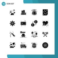 Pack of 16 Modern Solid Glyphs Signs and Symbols for Web Print Media such as flora paper real estate page analytics Editable Vector Design Elements