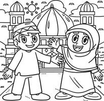 Ramadán niños musulmanes felices página para colorear para niños vector