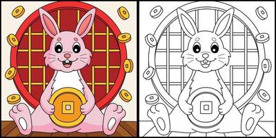 Rabbit Holding Coin Coloring Page Illustration vector