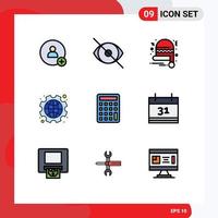 Pack of 9 Modern Filledline Flat Colors Signs and Symbols for Web Print Media such as calculate labour christmas hat labor day Editable Vector Design Elements