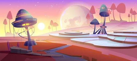 Fantasy landscape with glowing mushrooms at sunset vector