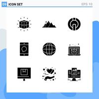 Mobile Interface Solid Glyph Set of 9 Pictograms of message communication mountain cellphone crypto Editable Vector Design Elements