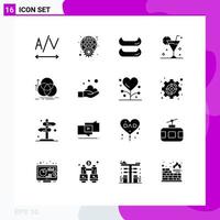 Set of 16 Vector Solid Glyphs on Grid for measurement circle canoe balance drink Editable Vector Design Elements