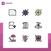 Mobile Interface Filledline Flat Color Set of 9 Pictograms of machine boiler internet file development Editable Vector Design Elements