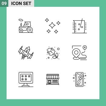 Group of 9 Outlines Signs and Symbols for space spaceship sky spacecraft chemical lab Editable Vector Design Elements