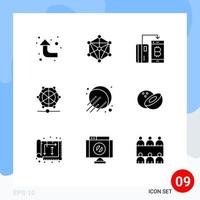 Group of 9 Modern Solid Glyphs Set for space data currency language machine Editable Vector Design Elements