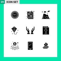 Pack of 9 Modern Solid Glyphs Signs and Symbols for Web Print Media such as bible caring flag care flying Editable Vector Design Elements