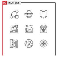 conjunto de 9 iconos de interfaz de usuario modernos símbolos signos para fotos desarrollo protección desarrollar código elementos de diseño vectorial editables vector