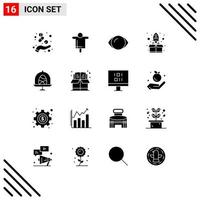 16 User Interface Solid Glyph Pack of modern Signs and Symbols of disk up scarecrow start vision Editable Vector Design Elements