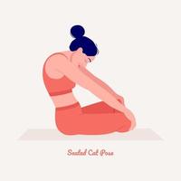 Postura de yoga de gato sentado. mujer joven practicando ejercicio de yoga. mujer entrenamiento fitness, aeróbicos y ejercicios. vector