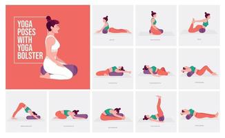 Yoga poses with Yoga Bolster. Young woman practicing Yoga pose. Woman workout fitness, aerobic and exercises. vector