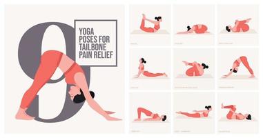 Posturas de yoga para aliviar el dolor de coxis. mujer joven practicando pose de yoga. mujer entrenamiento fitness, aeróbicos y ejercicios. vector