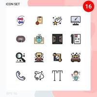 paquete de 16 signos y símbolos modernos de líneas rellenas de color plano para medios de impresión web, como elementos de diseño de vectores creativos editables de estrella de monitor de planificación de dispositivos de pc