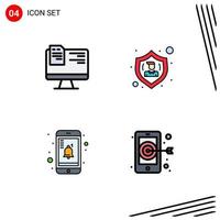 Pack of 4 creative Filledline Flat Colors of computer notification online protect digital Editable Vector Design Elements