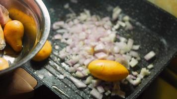 Receta de pollo y verduras con miel y mostaza. el cocinero sacude la sartén para mezclar los ingredientes. fotografía macro. fotografía macro video