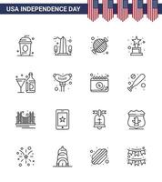 Happy Independence Day 4th July Set of 16 Lines American Pictograph of trophy achievement usa party bbq Editable USA Day Vector Design Elements