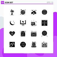 Modern Set of 16 Solid Glyphs Pictograph of crescent internet goals globe protection Editable Vector Design Elements