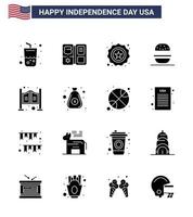 USA Independence Day Solid Glyph Set of 16 USA Pictograms of household usa american american burger Editable USA Day Vector Design Elements