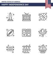 Stock Vector Icon Pack of American Day 9 Line Signs and Symbols for book sports parade rugby sports Editable USA Day Vector Design Elements