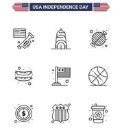 Happy Independence Day Pack of 9 Lines Signs and Symbols for international country barbecue sausage food Editable USA Day Vector Design Elements