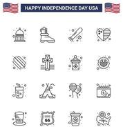 Set of 16 USA Day Icons American Symbols Independence Day Signs for hotdog usa baseball flag heart Editable USA Day Vector Design Elements