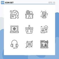 Mobile Interface Outline Set of 9 Pictograms of shapping basket calcium web globe Editable Vector Design Elements