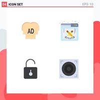 Group of 4 Flat Icons Signs and Symbols for elementary padlock brian software security Editable Vector Design Elements