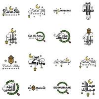 Modern Pack of 16 Vector Illustrations of Greetings Wishes For Islamic Festival Eid Al Adha Eid Al Fitr Golden Moon Lantern with Beautiful Shiny Stars