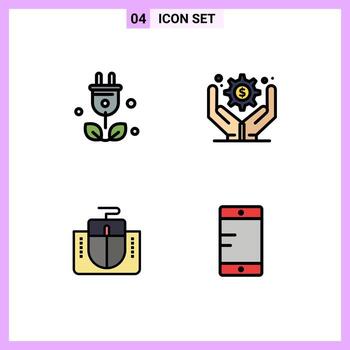 Pack of 4 creative Filledline Flat Colors of plug mouse interface science business operations mobile Editable Vector Design Elements