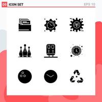 9 Thematic Vector Solid Glyphs and Editable Symbols of back pins energy skittle bowling Editable Vector Design Elements