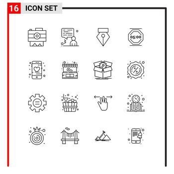 16 Universal Outlines Set for Web and Mobile Applications like application pen working stop Editable Vector Design Elements