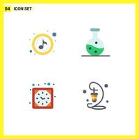 conjunto de iconos planos de interfaz móvil de 4 pictogramas de música reloj de pared sonido ciencia linterna elementos de diseño vectorial editables vector