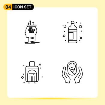 conjunto de línea de interfaz móvil de 4 pictogramas de algoritmo proceso de verano botella bolsa de viaje elementos de diseño vectorial editables vector