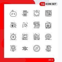 Group of 16 Outlines Signs and Symbols for cash online heart learning learning Editable Vector Design Elements