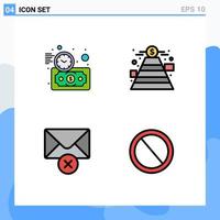 Mobile Interface Filledline Flat Color Set of 4 Pictograms of budget estimate mail time goal bin Editable Vector Design Elements