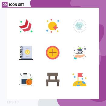 Mobile Interface Flat Color Set of 9 Pictograms of user interface diamond planner notebook Editable Vector Design Elements