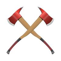 Firefighter crossed axe in realistic style. Red Hatchet. Red fire ax firefighter rescue equipment. Metal woodcutter with handle made of wood. Colorful vector illustration on a white background.